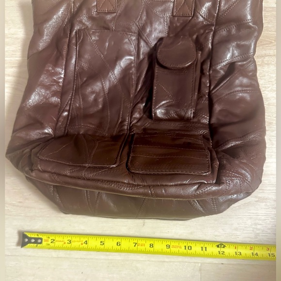Dark Chocolate Brown Patchwork Lambskin Leather Vintage Travel Tote Bag - Picture 14 of 15